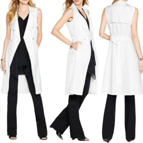 White House Black Market luster twill white sleeves trench coat size medium NWT - Picture 1 of 12